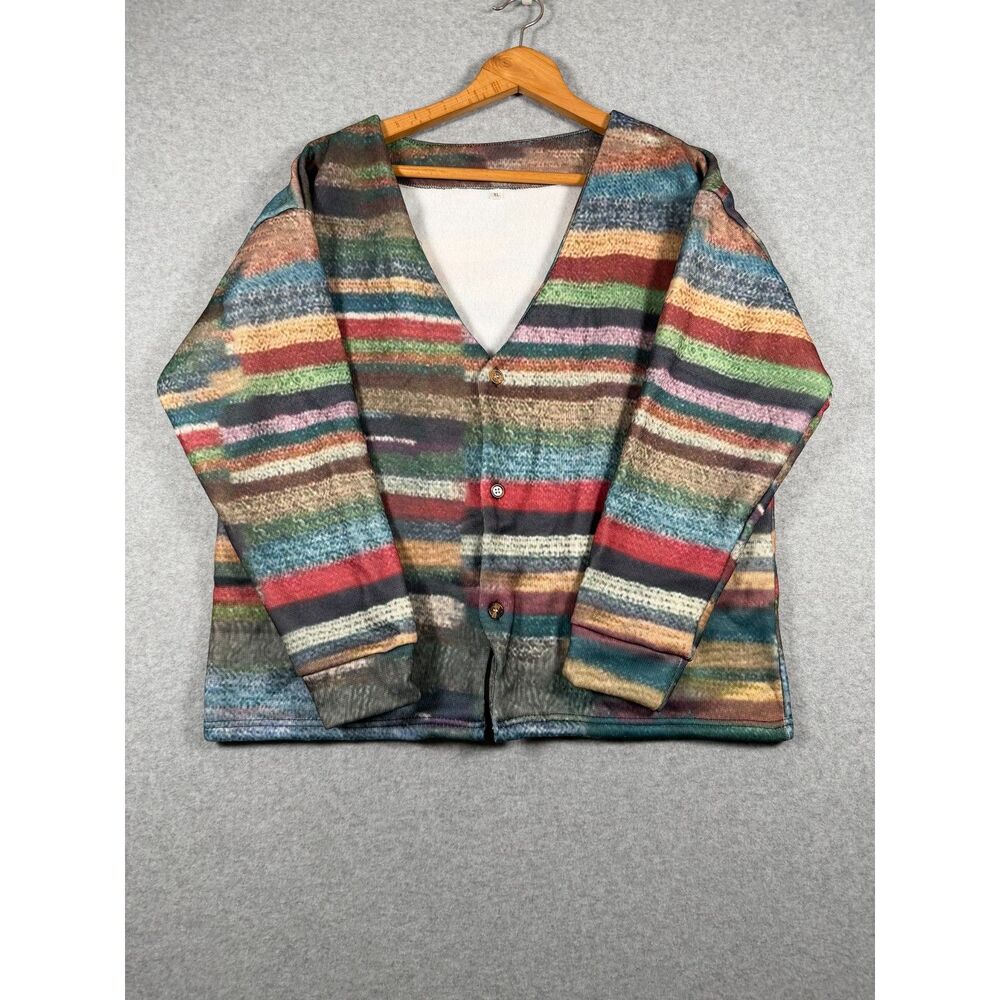 Women's XL Multicolor Striped V Neck Button Front Cardigan Sweater 0714